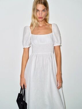 NEW Reformation Adler Linen Midi Smocked Puff Sleeve Dress White | US 2 UK 6